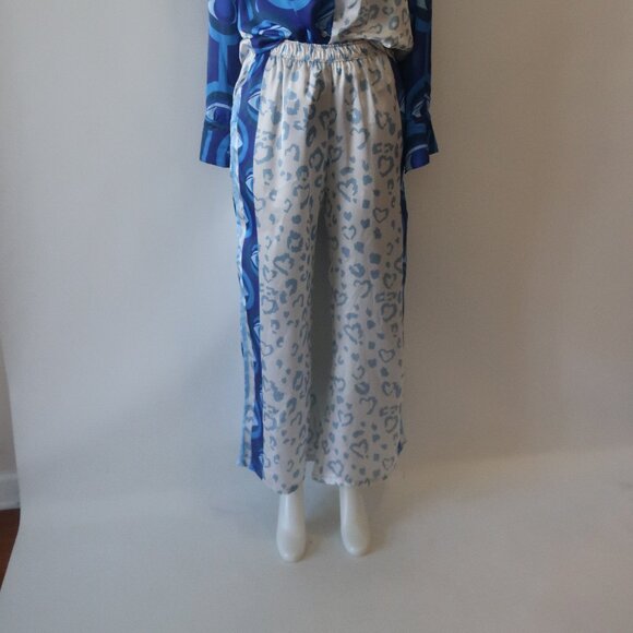 NWT Womens Bululu Magical Blue, White Print Satin Pants L Set - Picture 2 of 10
